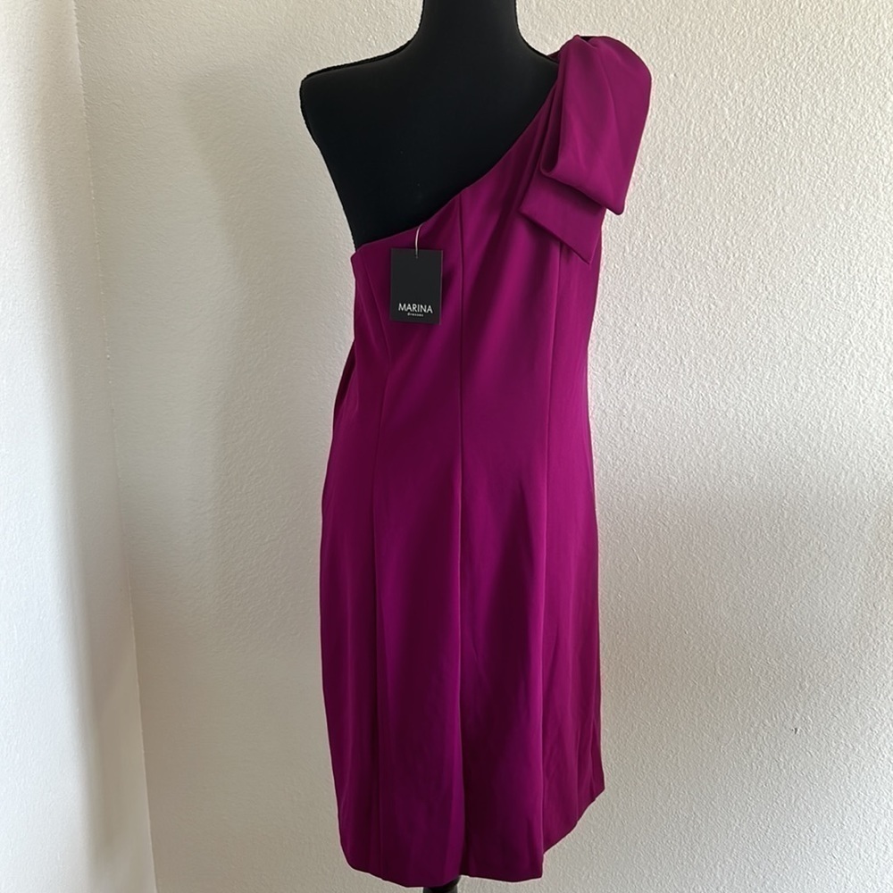 NWT Marina One Shoulder Fuchsia Bow Dress Size 14 - Picture 7 of 12